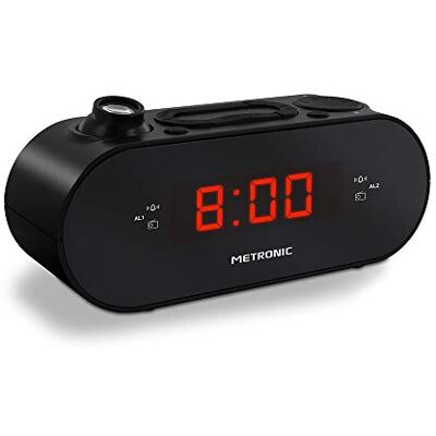 Metronic 477039 FM-wekkerradio, projectie, dubbel alarm, met slaap-/snooze-functies, instelbare helderheid en tijdbesparende batterijen, zwart Metronic 477039 FM-wekkerradio, projectie, dubbel alarm, met slaap-/snooze-functies, instelbare helderheid en tijdbesparende batterijen, zwart