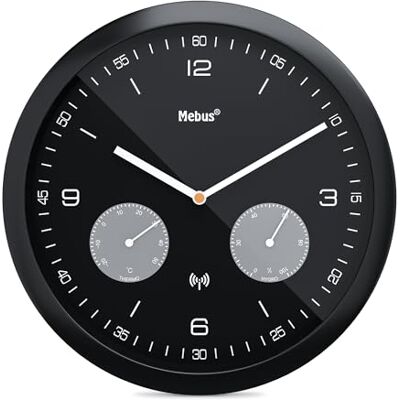 Mebus Modern Funk-Wandhorloge met temperatuurweergave en hygrometer, diameter 26 cm / model: 52825 / kleur: zwart Mebus Modern Funk-Wandhorloge met temperatuurweergave en hygrometer, diameter 26 cm / model: 52825 / kleur: zwart