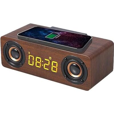 APM Bluetooth-luidspreker, houten wekker met FM-radio, draadloos opladen, inductie, voor smartphone, USB-oplaadpoort, instelbare helderheid, digitale wekker, led-display, 425024 APM Bluetooth-luidspreker, houten wekker met FM-radio, draadloos opladen, inductie, voor smartphone, USB-oplaadpoort, instelbare helderheid, digitale wekker, led-display, 425024