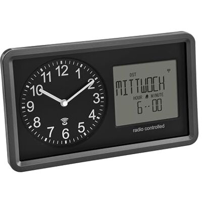 TFA Dostmann 60.3552.01 analoge radioklok met kalender voor ouderen, alarm en sluimerfunctie, digitale weergave van dag van de week en datum, tafelklok TFA Dostmann 60.3552.01 analoge radioklok met kalender voor ouderen, alarm en sluimerfunctie, digitale weergave van dag van de week en datum, tafelklok