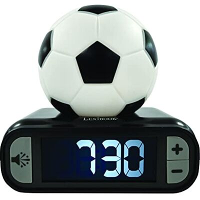 Lexibook Voetbal, wekker met nachtlampje, lichtgevend figuur, keuze uit 6 alarmen, 6 geluidseffecten, display met achtergrondverlichting, klok, snooze, zwart/wit, RL800FO Lexibook Voetbal, wekker met nachtlampje, lichtgevend figuur, keuze uit 6 alarmen, 6 geluidseffecten, display met achtergrondverlichting, klok, snooze, zwart/wit, RL800FO