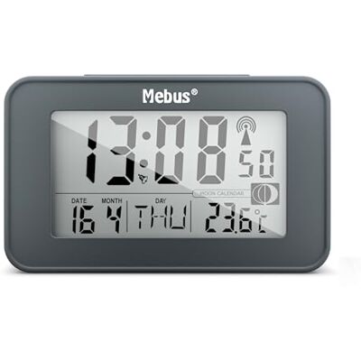 Mebus Digitale Funk-Wecker met Mondkalender, Verlichting, Binnenthermometer, Slummer-Functie/Materiaal: Kunststof/Kleur: Grijs/Model: 51460 Mebus Digitale Funk-Wecker met Mondkalender, Verlichting, Binnenthermometer, Slummer-Functie/Materiaal: Kunststof/Kleur: Grijs/Model: 51460