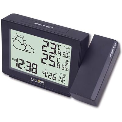 Explore Scientific RPW3005 Projectie klok met weer, radiogestuurd, barometer, binnen- en buitentemperatuurweergave met sensor, blauw Explore Scientific RPW3005 Projectie klok met weer, radiogestuurd, barometer, binnen- en buitentemperatuurweergave met sensor, blauw