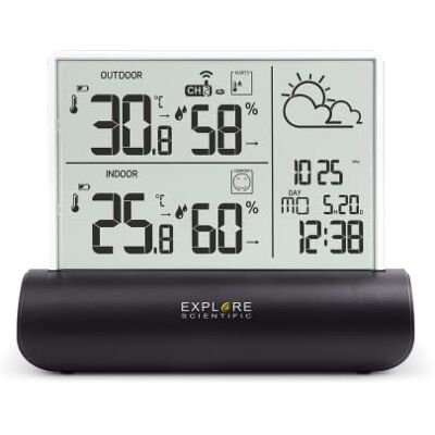 Explore Scientific WSH4501 Weerstation met helder glazen display, luchtdruk, temperatuur en luchtvochtigheid binnen en buiten, inclusief sensor, zwart Explore Scientific WSH4501 Weerstation met helder glazen display, luchtdruk, temperatuur en luchtvochtigheid binnen en buiten, inclusief sensor, zwart