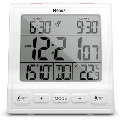 Mebus Digitale Funk-Wecker met thermometer, datumweergave, twee wachttijden, gebeurtenissen, automatische instelling van zomer en winter, functie-uur/kleur: wit/model: 56813 Mebus Digitale Funk-Wecker met thermometer, datumweergave, twee wachttijden, gebeurtenissen, automatische instelling van zomer en winter, functie-uur/kleur: wit/model: 56813
