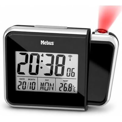 Mebus Draadloze wekker met projectie en thermometer kunststof zwart normaal 42425 Mebus Draadloze wekker met projectie en thermometer kunststof zwart normaal 42425