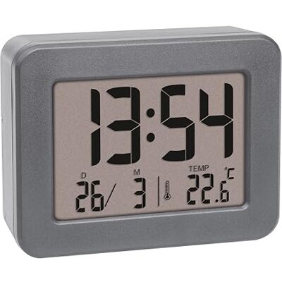 TFA Dostmann 60.2044.10 Digitale reiswekker op batterijen, luid alarm, binnenthermometer, datumweergave, kwartsklok, klein en compact, grijs TFA Dostmann 60.2044.10 Digitale reiswekker op batterijen, luid alarm, binnenthermometer, datumweergave, kwartsklok, klein en compact, grijs
