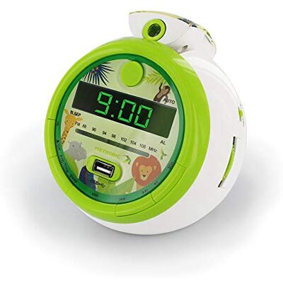 Metronic Jungle 477030 wekkerradio voor kinderen, FM USB-projectie, dual alarm en sleep/snooze-functie, jungle/groen Metronic Jungle 477030 wekkerradio voor kinderen, FM USB-projectie, dual alarm en sleep/snooze-functie, jungle/groen