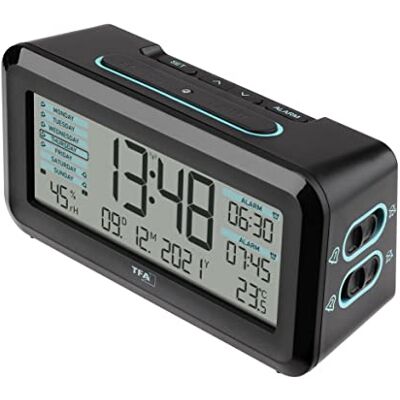 TFA Dostmann Boxx2 Digitale radiografische wekker, 60.2562.01.GB, met accu, 2 uur alarm, Engels display, met thermo-hygrometer, zwart-turquoise TFA Dostmann Boxx2 Digitale radiografische wekker, 60.2562.01.GB, met accu, 2 uur alarm, Engels display, met thermo-hygrometer, zwart-turquoise