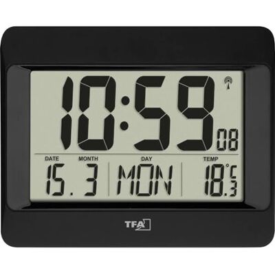TFA Dostmann Digitale wandklok 60.4519.01, met binnentemperatuur, dag van de week (instelbaar in het Frans en 7 andere talen), datum, tijdzone-instelling, zwart TFA Dostmann Digitale wandklok 60.4519.01, met binnentemperatuur, dag van de week (instelbaar in het Frans en 7 andere talen), datum, tijdzone-instelling, zwart