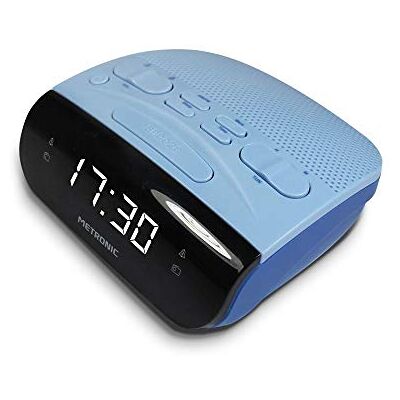 Metronic 477033 wekkerradio met dubbele alarmen, AM/FM-tuner en slaap-/snooze-functies, tijdbesparende batterijen, geheugen 10 AM + 10 FM, grijs/blauw Metronic 477033 wekkerradio met dubbele alarmen, AM/FM-tuner en slaap-/snooze-functies, tijdbesparende batterijen, geheugen 10 AM + 10 FM, grijs/blauw