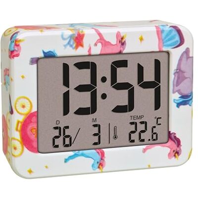 TFA Dostmann Unicorn mini digitale wekker voor kinderen, 60.2044.41, nachtlampje op batterijen met datum en binnenthermometer, reiswekker, klein TFA Dostmann Unicorn mini digitale wekker voor kinderen, 60.2044.41, nachtlampje op batterijen met datum en binnenthermometer, reiswekker, klein