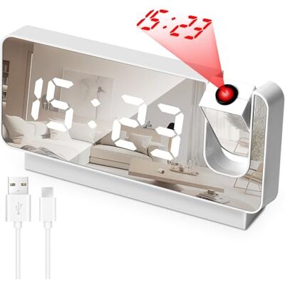 KINGOZOYI IE95-TYNZ Digitale wekker met projectie, led-display met USB-oplader, reiswekker, projectieklok voor slaapkamer, kantoor, keuken, wit KINGOZOYI IE95-TYNZ Digitale wekker met projectie, led-display met USB-oplader, reiswekker, projectieklok voor slaapkamer, kantoor, keuken, wit