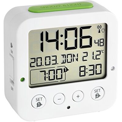 TFA -Dostmann Bingo wekkerradio 60.2528.02 met automatische achtergrondverlichting, datum, temperatuurweergave en twee wektijden, wit/groen, 1 stuk TFA -Dostmann Bingo wekkerradio 60.2528.02 met automatische achtergrondverlichting, datum, temperatuurweergave en twee wektijden, wit/groen, 1 stuk