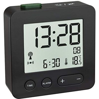 TFA Dostmann zendergestuurde wekker, 60.2545.01, weergave van datum en binnentemperatuur, achtergrondverlichting, alarm met snooze-functie, zwart, kleind en handig, (L) 66 x (B) 22 x (H) 68 mm TFA Dostmann zendergestuurde wekker, 60.2545.01, weergave van datum en binnentemperatuur, achtergrondverlichting, alarm met snooze-functie, zwart, kleind en handig, (L) 66 x (B) 22 x (H) 68 mm