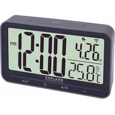 Explore Scientific RDC1009 Radiogestuurde klok, dubbel alarm, bediening met toetsen, binnentemperatuur, grijs Explore Scientific RDC1009 Radiogestuurde klok, dubbel alarm, bediening met toetsen, binnentemperatuur, grijs