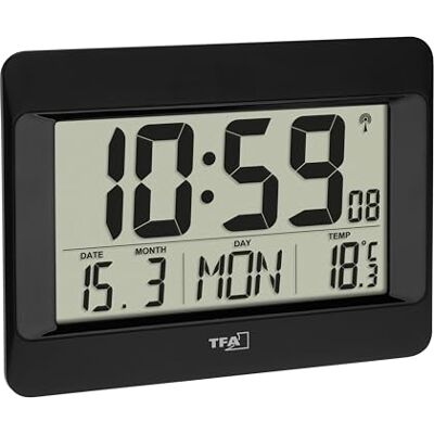 TFA Dostmann Digitale wandklok 60.4519.01, met binnentemperatuur, dag van de week (instelbaar in het Frans en 7 andere talen), datum, tijdzone-instelling, zwart TFA Dostmann Digitale wandklok 60.4519.01, met binnentemperatuur, dag van de week (instelbaar in het Frans en 7 andere talen), datum, tijdzone-instelling, zwart