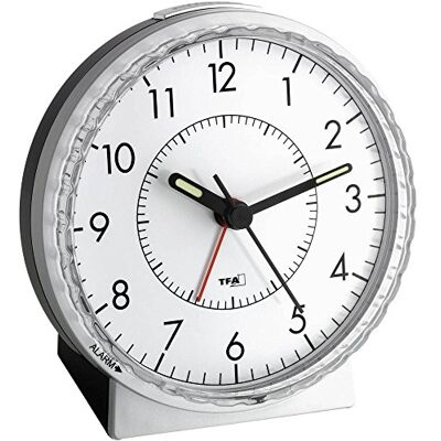 TFA Dostmann 60.1010 analoge wekker, stil uurwerk, extra luid alarm met bel, achtergrondverlichting, zilver/zwart, 107 x 78 x 110 mm (l x b x h) TFA Dostmann 60.1010 analoge wekker, stil uurwerk, extra luid alarm met bel, achtergrondverlichting, zilver/zwart, 107 x 78 x 110 mm (l x b x h)
