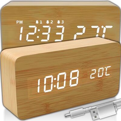 Retoo Digitale led-wekker van hout met duidelijke weergave en datum, temperatuuralarm, voor slaapkamer, kantoor, moderne bureauwekker met USB-kabel of batterij Retoo Digitale led-wekker van hout met duidelijke weergave en datum, temperatuuralarm, voor slaapkamer, kantoor, moderne bureauwekker met USB-kabel of batterij