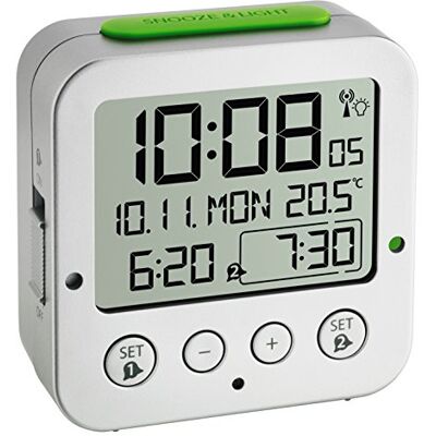 TFA Dostmann Bingo Wekker Radiogestuurd, 60.2528.54, Digitaal, Met Binnentemperatuur, Achtergrondverlichting, Met Datum En Werkdag, 2 Alarmen, (L) 81 x (B) 33 x (H) 81 Mm, Zilver/Groen TFA Dostmann Bingo Wekker Radiogestuurd, 60.2528.54, Digitaal, Met Binnentemperatuur, Achtergrondverlichting, Met Datum En Werkdag, 2 Alarmen, (L) 81 x (B) 33 x (H) 81 Mm, Zilver/Groen
