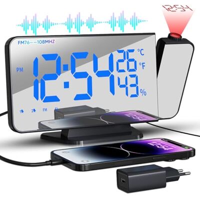 TAKRINK Digitale wekker met 4 helderheidsniveaus van het scherm, wekker met temperatuurprojectie, wekker met projectie, dubbel alarm, oplader type C, 180 graden, projector TAKRINK Digitale wekker met 4 helderheidsniveaus van het scherm, wekker met temperatuurprojectie, wekker met projectie, dubbel alarm, oplader type C, 180 graden, projector