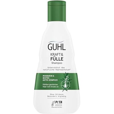 Guhl Kracht & Vol Shampoo merkbaar versterkt haar vanaf de wortel Inhoud: 250 ml Met rozemarijn en biotine actief complex Guhl Kracht & Vol Shampoo merkbaar versterkt haar vanaf de wortel Inhoud: 250 ml Met rozemarijn en biotine actief complex