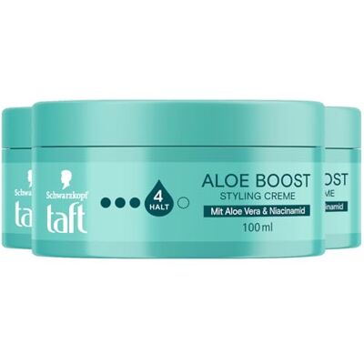 TAFT Aloë Boost niveau 4 stylingcrème (3 x 100 ml), zachte en voedende haarwas met aloë vera-complex en niacinamide, stylingwas voor een natuurlijke look en langdurige grip TAFT Aloë Boost niveau 4 stylingcrème (3 x 100 ml), zachte en voedende haarwas met aloë vera-complex en niacinamide, stylingwas voor een natuurlijke look en langdurige grip