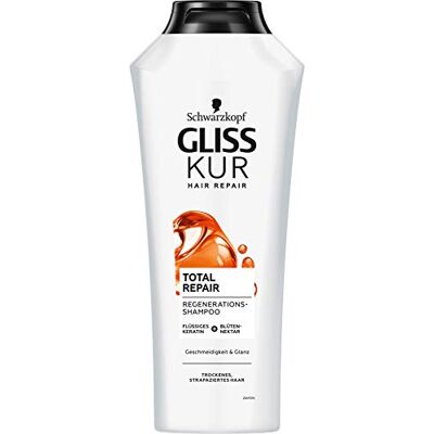 Gliss Kur Total Repair Shampoo (400 ml) Shampoo maakt het haaroppervlak glad en zorgt voor effectieve reparatie Verzorgende shampoo voor tot 85% minder breuk Gliss Kur Total Repair Shampoo (400 ml) Shampoo maakt het haaroppervlak glad en zorgt voor effectieve reparatie Verzorgende shampoo voor tot 85% minder breuk