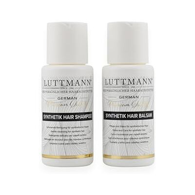 LUTTMANN ® Verzorgingsset voor synthetische pruiken en haarverlengingen, shampoo en balsem voor synthetisch haar, 2 x 50 ml, reisformaat LUTTMANN ® Verzorgingsset voor synthetische pruiken en haarverlengingen, shampoo en balsem voor synthetisch haar, 2 x 50 ml, reisformaat