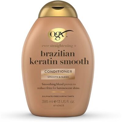 OGX Braziliaanse gladmakende keratine conditioner (385 ml fles) Keratine gladmakende haarverzorging voor glanzend haar sulfaat- en parabenenvrije conditioner OGX Braziliaanse gladmakende keratine conditioner (385 ml fles) Keratine gladmakende haarverzorging voor glanzend haar sulfaat- en parabenenvrije conditioner