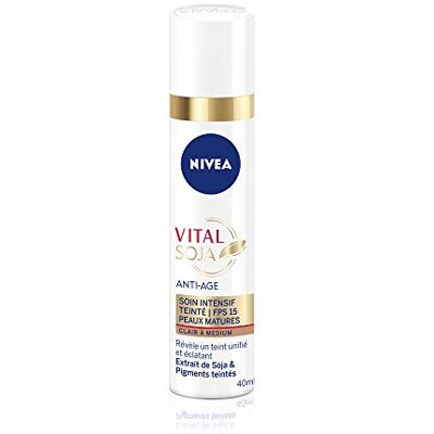 NIVEA Vital Soja Anti-aging intensieve verzorging, licht getint tot medium SPF 15 (1 x 40 ml), anti-aging serum verrijkt met soja en getinte pigmenten, gezichtsverzorging voor dames, rijpe huid NIVEA Vital Soja Anti-aging intensieve verzorging, licht getint tot medium SPF 15 (1 x 40 ml), anti-aging serum verrijkt met soja en getinte pigmenten, gezichtsverzorging voor dames, rijpe huid