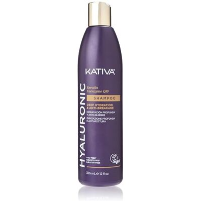 KATIVA Hyaluronshampoo voor haar met keratine en co-enzym Q10 Diepe hydratatie en anti-breuk werking versterking en anti-klit droog, broos of behandeld haar 355 ml KATIVA Hyaluronshampoo voor haar met keratine en co-enzym Q10 Diepe hydratatie en anti-breuk werking versterking en anti-klit droog, broos of behandeld haar 355 ml
