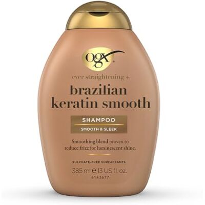 OGX Gladmakende shampoo met Braziliaanse keratine (385 ml), gladmakende shampoo met keratine, Braziliaanse kokosolie, avocado-olie en kokosboter, sulfaatvrij OGX Gladmakende shampoo met Braziliaanse keratine (385 ml), gladmakende shampoo met keratine, Braziliaanse kokosolie, avocado-olie en kokosboter, sulfaatvrij