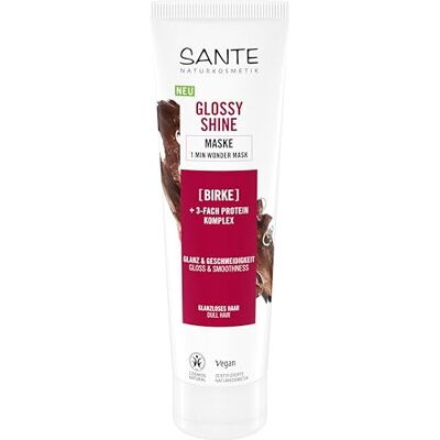 Sante Naturkosmetik Glossy Shine masker met biologisch berkenbladextract + drievoudig eiwitcomplex, siliconenvrij en hydraterend haarmasker, veganistische verzorging voor meer glans en Sante Naturkosmetik Glossy Shine masker met biologisch berkenbladextract + drievoudig eiwitcomplex, siliconenvrij en hydraterend haarmasker, veganistische verzorging voor meer glans en