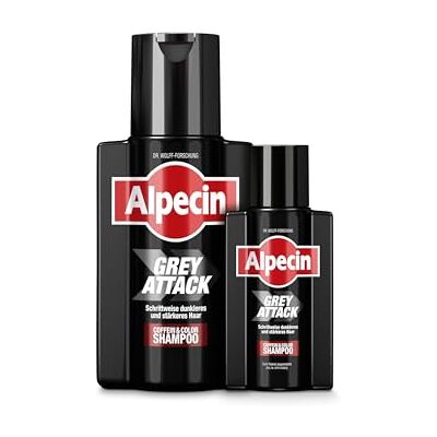Alpecin Grey Attack Cafeïnekleurige shampoo 200 ml + 75 ml tegen grijs haar natuurlijk kleurresultaat vanaf 2-4 weken voorkomt erfelijk haarverlies Alpecin Grey Attack Cafeïnekleurige shampoo 200 ml + 75 ml tegen grijs haar natuurlijk kleurresultaat vanaf 2-4 weken voorkomt erfelijk haarverlies
