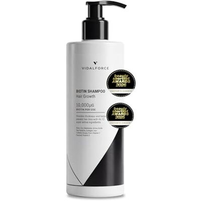 VIDALFORCE Biotine Shampoo 10.000 mcg met 12 multivitaminen en mineralen XXL, 400 ml, biotine shampoo voor haar, snelle groei, tegen haaruitval, voor dames en tegen haaruitval, heren, shampoo met biotine VIDALFORCE Biotine Shampoo 10.000 mcg met 12 multivitaminen en mineralen XXL, 400 ml, biotine shampoo voor haar, snelle groei, tegen haaruitval, voor dames en tegen haaruitval, heren, shampoo met biotine