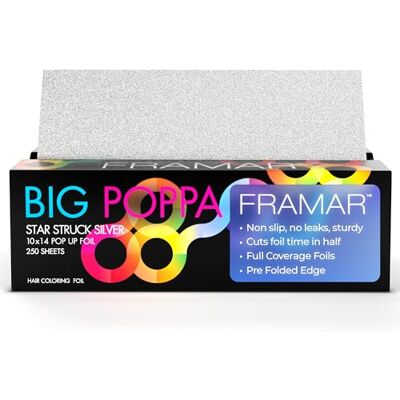 FRAMAR Zilveren highlightfolie voor kappers, aluminiumfolie voor kappers, aluminiumfolie voor highlights set, haarfolie, highlightfolie, folie voor highlights, Big Poppa, highlightpapier, 250 vellen FRAMAR Zilveren highlightfolie voor kappers, aluminiumfolie voor kappers, aluminiumfolie voor highlights set, haarfolie, highlightfolie, folie voor highlights, Big Poppa, highlightpapier, 250 vellen