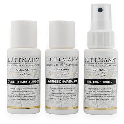 LUTTMANN Verzorgingsset voor synthetische pruiken en haarverlengingen, shampoo, balsem en conditioner voor synthetisch haar, 3 x 50 ml LUTTMANN Verzorgingsset voor synthetische pruiken en haarverlengingen, shampoo, balsem en conditioner voor synthetisch haar, 3 x 50 ml