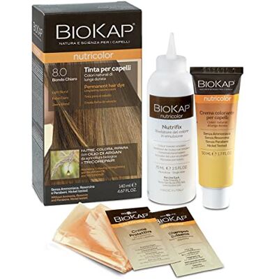 BIOKAP Bio Kap Nutricolor haarverf zonder ammoniak, voedt, kleurt en herstelt, 8.0 lichtblond, 140 ml BIOKAP Bio Kap Nutricolor haarverf zonder ammoniak, voedt, kleurt en herstelt, 8.0 lichtblond, 140 ml