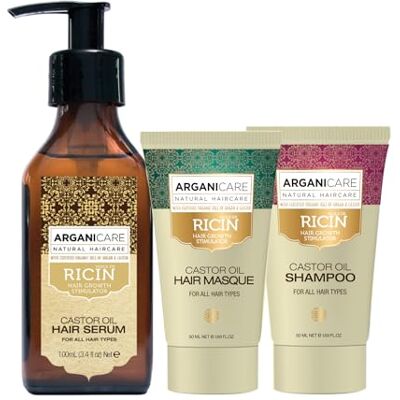 Arganicare Ricinusserum Beschermserum 100 ml + shampoo 50 ml + masker 50 ml met biologische ricinusolie haarverzorging voedt versterkt hydrateert alle haartypes Arganicare Ricinusserum Beschermserum 100 ml + shampoo 50 ml + masker 50 ml met biologische ricinusolie haarverzorging voedt versterkt hydrateert alle haartypes