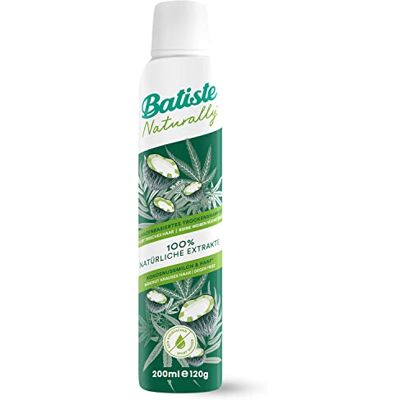 Batiste Naturally Droogshampoo met kokosmelk en hennep 200 ml voor het opfrissen en stylen van krullend haar, zonder uitspoelen, veganistische stijl, met 100% natuurlijke extracten Batiste Naturally Droogshampoo met kokosmelk en hennep 200 ml voor het opfrissen en stylen van krullend haar, zonder uitspoelen, veganistische stijl, met 100% natuurlijke extracten
