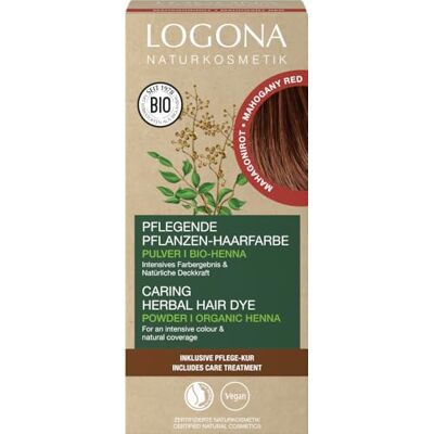 LOGONA Naturkosmetik Voedende plantaardige haarverf, veganistisch poeder met biologische henna voor intensieve kleur en glans, plantaardige kleur in mahonie (rood-bruin), 1 x 100 g LOGONA Naturkosmetik Voedende plantaardige haarverf, veganistisch poeder met biologische henna voor intensieve kleur en glans, plantaardige kleur in mahonie (rood-bruin), 1 x 100 g