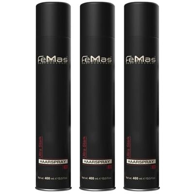 Femmas Set van 3 ultra sterke haarsprays, 400 ml, stylingspray met natuurlijke glanzende afwerking, zonder lijmen of resten, haarspray Ultra Strong, voor alle haartypes Femmas Set van 3 ultra sterke haarsprays, 400 ml, stylingspray met natuurlijke glanzende afwerking, zonder lijmen of resten, haarspray Ultra Strong, voor alle haartypes