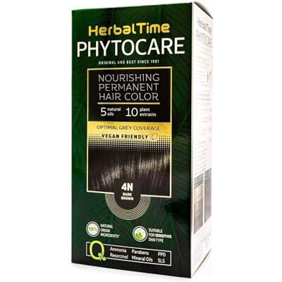 Herbal Time Phytocare Permanente Haarverf, Donkerbruin, 4N, 124,5 ml Zonder ammoniak, PPD en SLS Kleuring verrijkt met natuurlijke oliën Ideaal voor gevoelige hoofdhuid Herbal Time Phytocare Permanente Haarverf, Donkerbruin, 4N, 124,5 ml Zonder ammoniak, PPD en SLS Kleuring verrijkt met natuurlijke oliën Ideaal voor gevoelige hoofdhuid