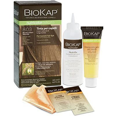 BIOKAP Nutricolor Delicato, haarkleur 8.03 natuurlijk lichtblond, haarkleur zonder ammoniak, maakt het haar zacht en glanzend, haarkleur met natuurlijke kleuren, 140 ml BIOKAP Nutricolor Delicato, haarkleur 8.03 natuurlijk lichtblond, haarkleur zonder ammoniak, maakt het haar zacht en glanzend, haarkleur met natuurlijke kleuren, 140 ml