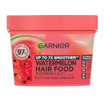 Garnier Hair Food 3-in-1 behandelingsmasker voor fijn haar, 4 keer voller haar, voor fijn haar, siliconenvrij, veganistische formule, watermeloen, ultieme mengsels, 400 ml (verpakking kan Garnier Hair Food 3-in-1 behandelingsmasker voor fijn haar, 4 keer voller haar, voor fijn haar, siliconenvrij, veganistische formule, watermeloen, ultieme mengsels, 400 ml (verpakking kan