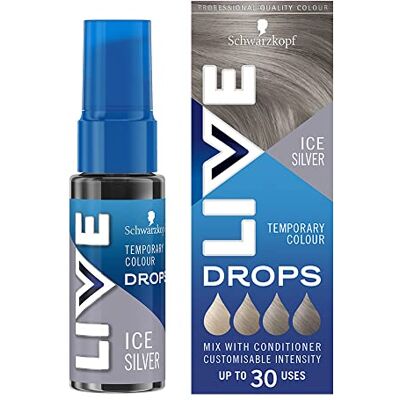LIVE Schwarzkopf kleurdruppels, veganistisch, semi-permanent, zilverkleurig, houdt 2-12 wasbeurten, ijszilver, 30 ml LIVE Schwarzkopf kleurdruppels, veganistisch, semi-permanent, zilverkleurig, houdt 2-12 wasbeurten, ijszilver, 30 ml