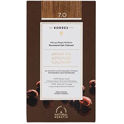 KORRES Argan Oil kleurstof – ammoniakvrije kleurstof medium blond 7.0 – 100% grijze en veganistische haarafdekking voor een langdurig kleurresultaat KORRES Argan Oil kleurstof – ammoniakvrije kleurstof medium blond 7.0 – 100% grijze en veganistische haarafdekking voor een langdurig kleurresultaat