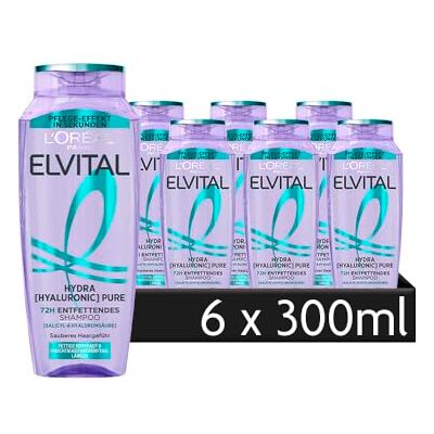L'Oreal Paris L'Oréal Paris Elvital Vetverwijderingsshampoo voor vette hoofdhuid en lengtes die vocht met salicylzuur en hyaluronzuur vereisen, 6 x 300 ml L'Oreal Paris L'Oréal Paris Elvital Vetverwijderingsshampoo voor vette hoofdhuid en lengtes die vocht met salicylzuur en hyaluronzuur vereisen, 6 x 300 ml
