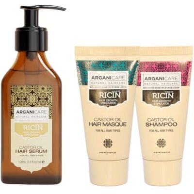Arganicare Ricinusserum Beschermserum 100 ml + shampoo 50 ml + masker 50 ml met biologische ricinusolie haarverzorging voedt versterkt hydrateert alle haartypes Arganicare Ricinusserum Beschermserum 100 ml + shampoo 50 ml + masker 50 ml met biologische ricinusolie haarverzorging voedt versterkt hydrateert alle haartypes